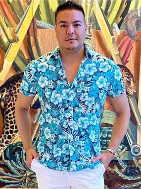 Cactus Men’s Teal & Navy Tropical Floral Button-Up Shirt